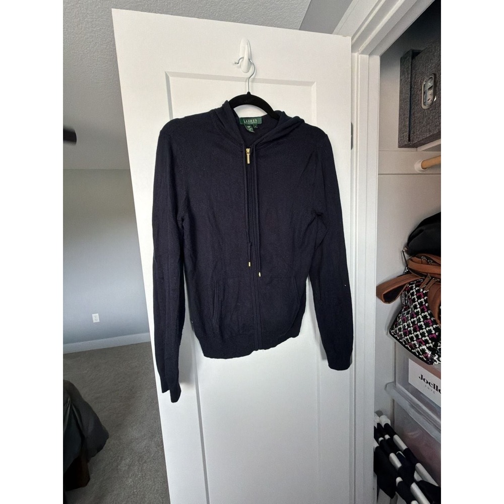 Lauren Ralph Lauren Silk Cashmere Full Zip Hoodie Sweater Black Size L_132